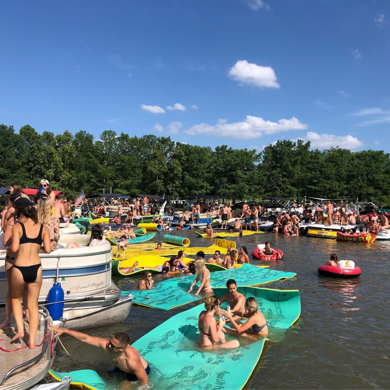 a group of people swimming in the water