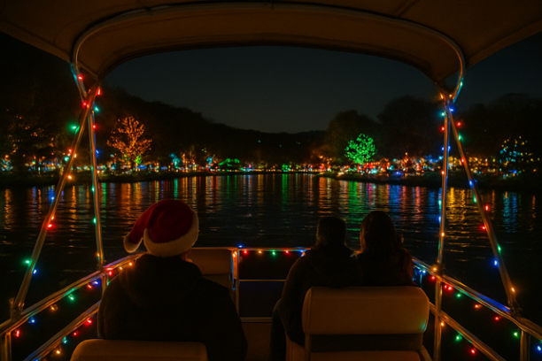 People on a boat adorned with colorful lights view a festive, illuminated lake scene at night.