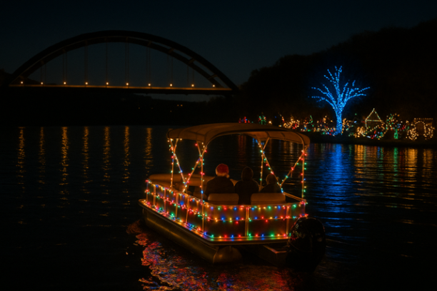 Boat with holiday lights on water, glowing trees and bridge in background at night.