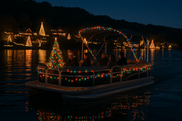 Pontoon boat decorated with Christmas lights on a lake at night with lit trees in background.